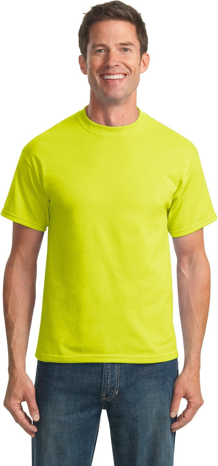 Front View of Safety Green Port & Co Tall Core Blend Tee. PC55T