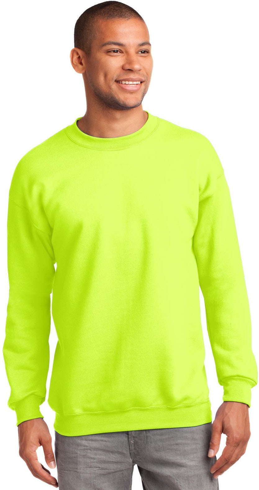 Front View of Safety Green Port & Co Tall Essential Fleece Crewneck Sweatshirt. PC90T