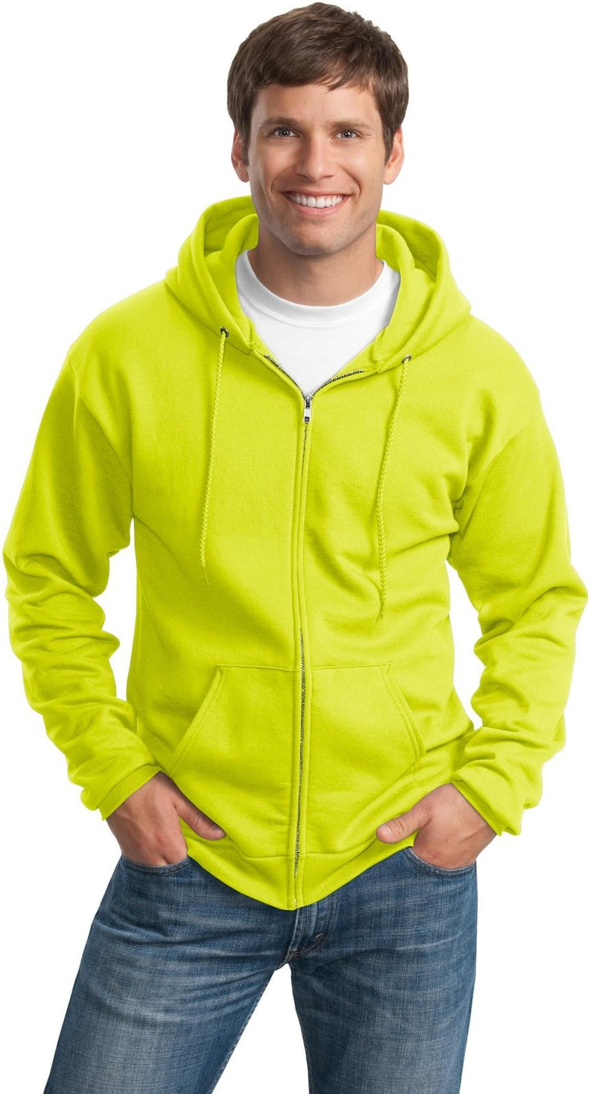 Front View of Safety Green Port & Co Tall Essential Fleece Full-Zip Hooded Sweatshirt. PC90ZHT