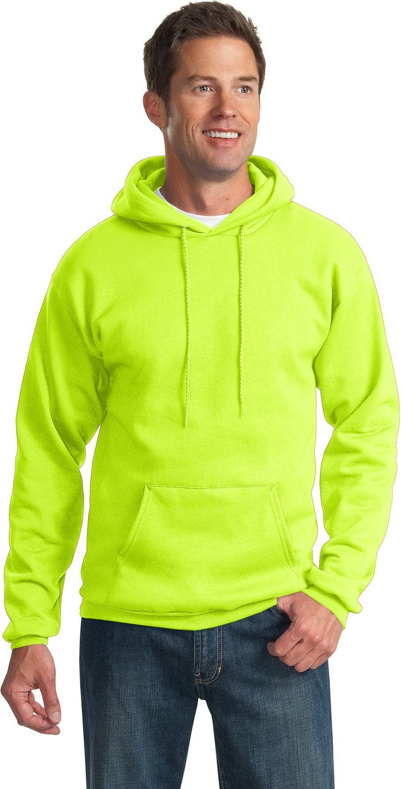Front View of Safety Green Port & Co Tall Essential Fleece Pullover Hooded Sweatshirt. PC90HT