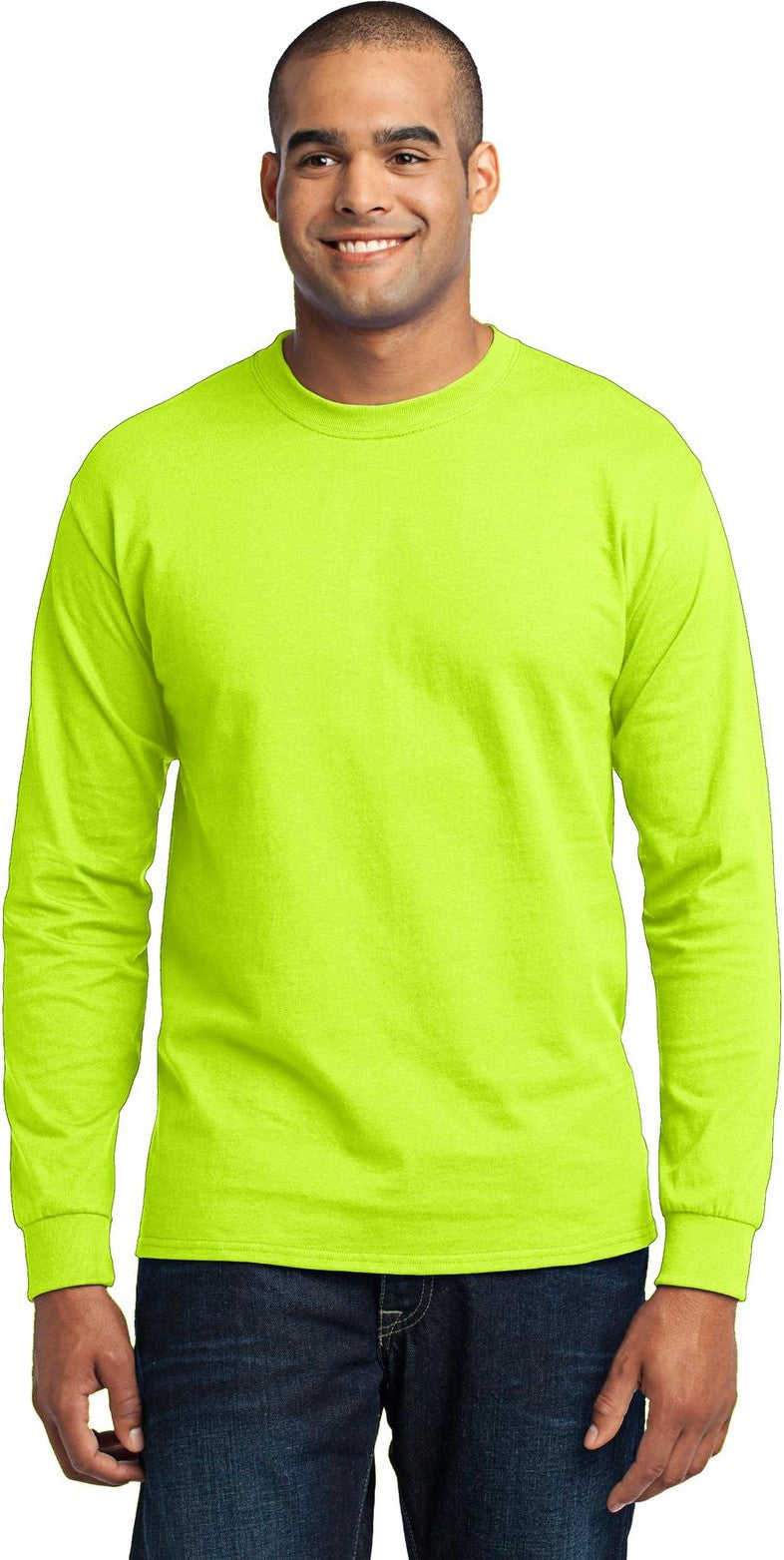 Front View of Safety Green Port & Co Tall Long Sleeve Core Blend Tee. PC55LST