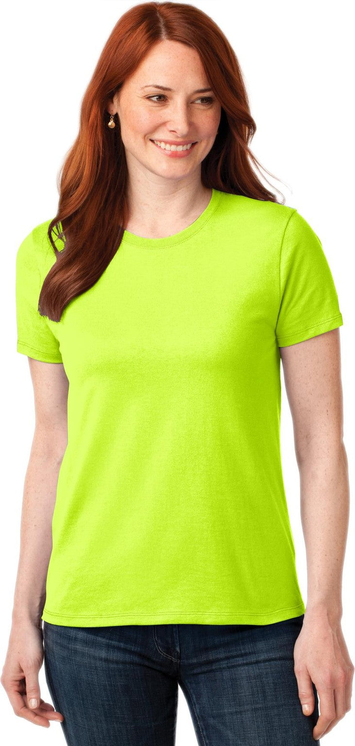 Front View of Safety Green Port & Co Women's Core Blend Tee. LPC55