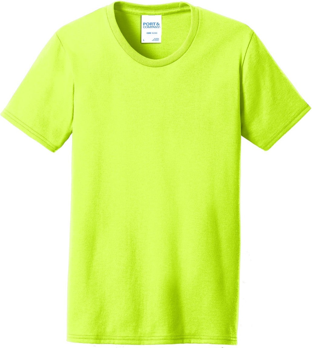 Front View of Safety Green Port & Co Women's Core Blend Tee. LPC55