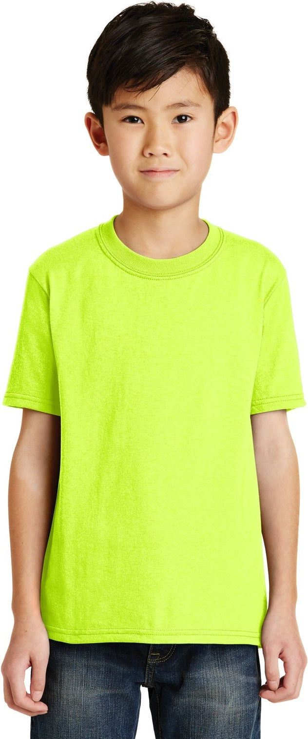Front View of Safety Green Port & Co Youth Core Blend Tee. PC55Y