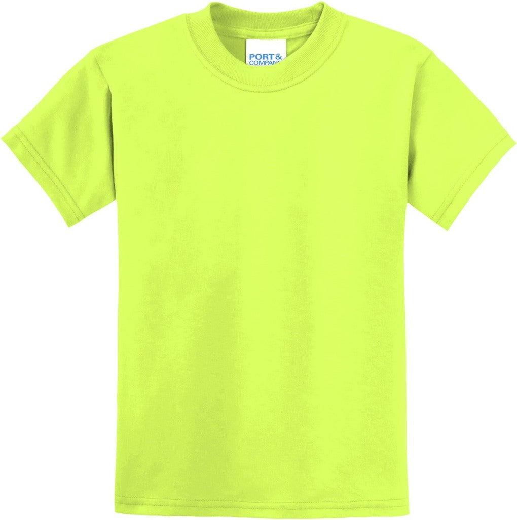 Front View of Safety Green Port & Co Youth Core Blend Tee. PC55Y
