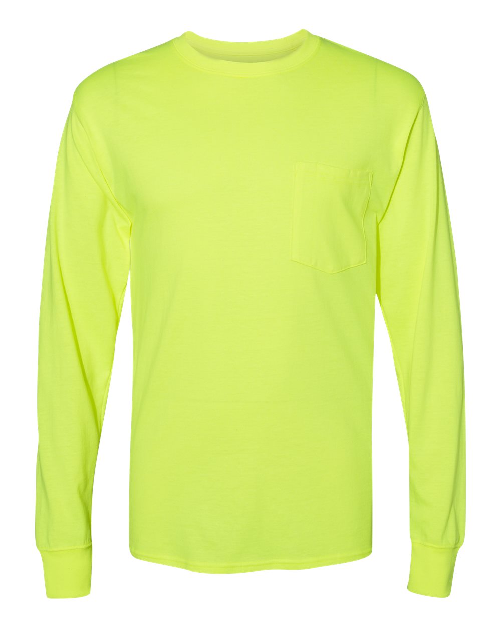 Front View of Safety Green Workwear Long Sleeve Pocket T-Shirt - W120