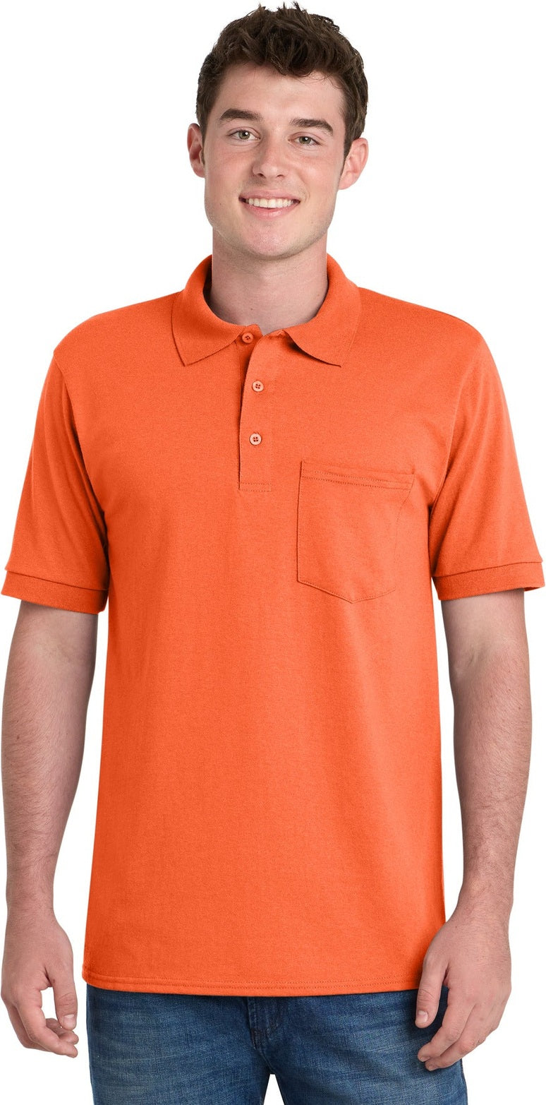 Front View of Safety Orange Port & Co Core Blend Jersey Knit Pocket Polo. KP55P