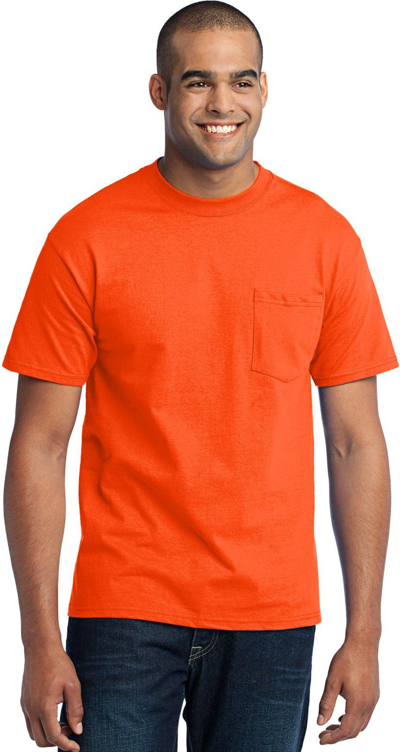 Front View of Safety Orange Port & Co Core Blend Pocket Tee. PC55P