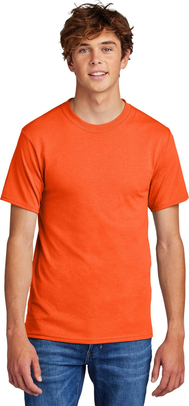 Front View of Safety Orange Port & Co Core Blend Tee. PC55
