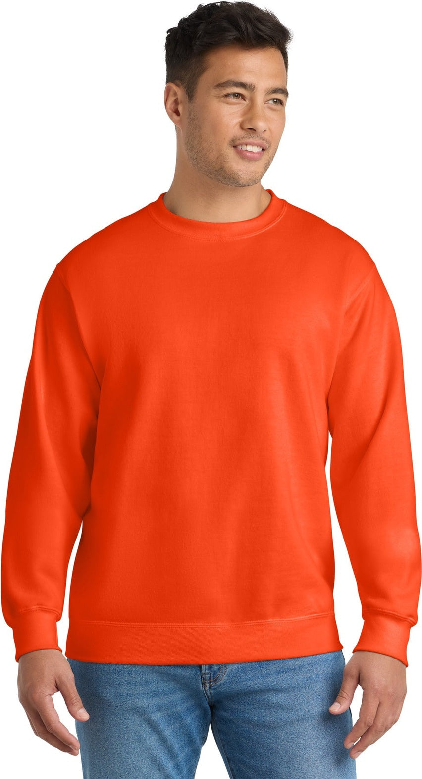 Front View of Safety Orange Port & Co Essential Fleece Crewneck Sweatshirt. PC90