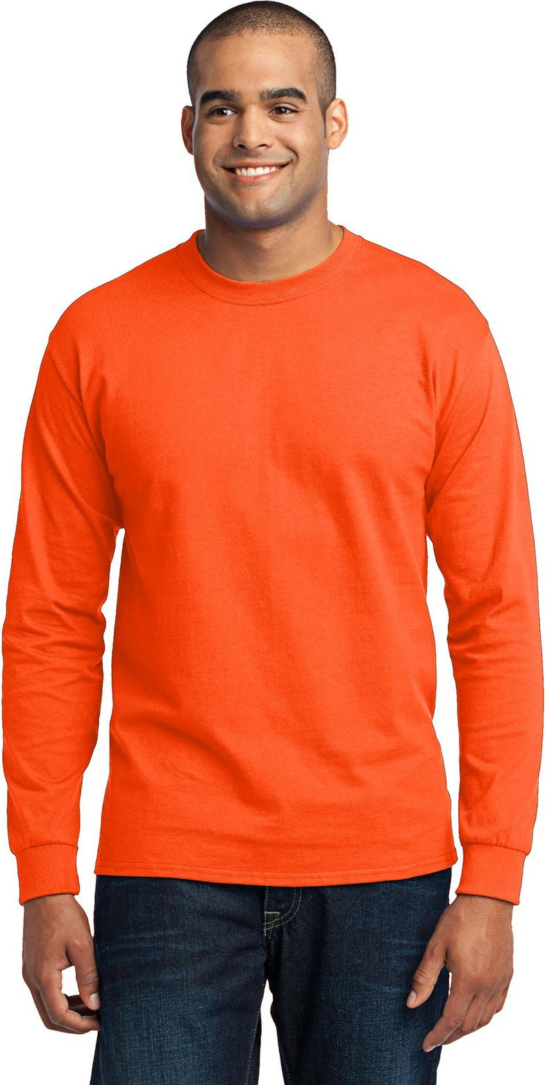 Front View of Safety Orange Port & Co Long Sleeve Core Blend Tee. PC55LS