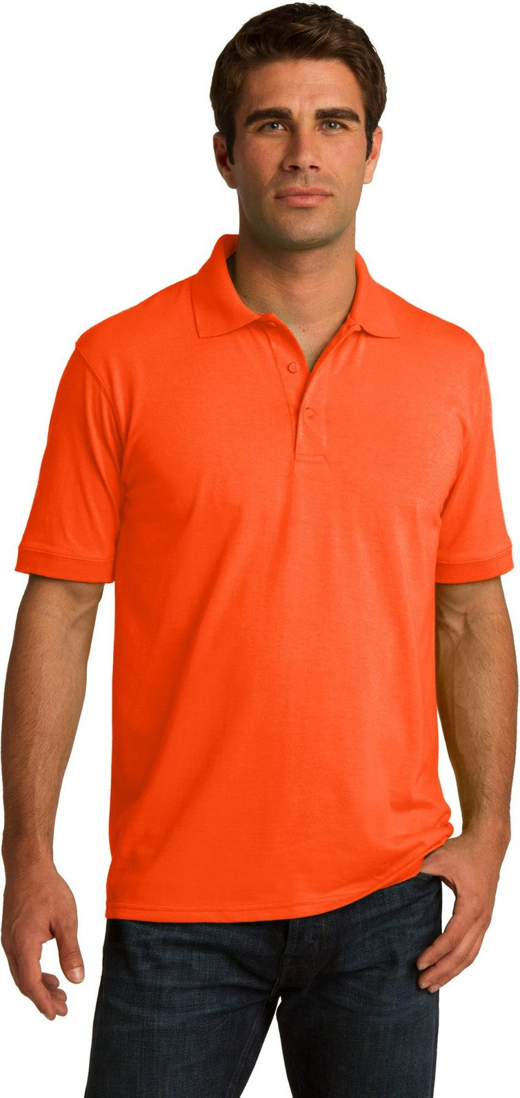 Front View of Safety Orange Port & Co Tall Core Blend Jersey Knit Polo. KP55T