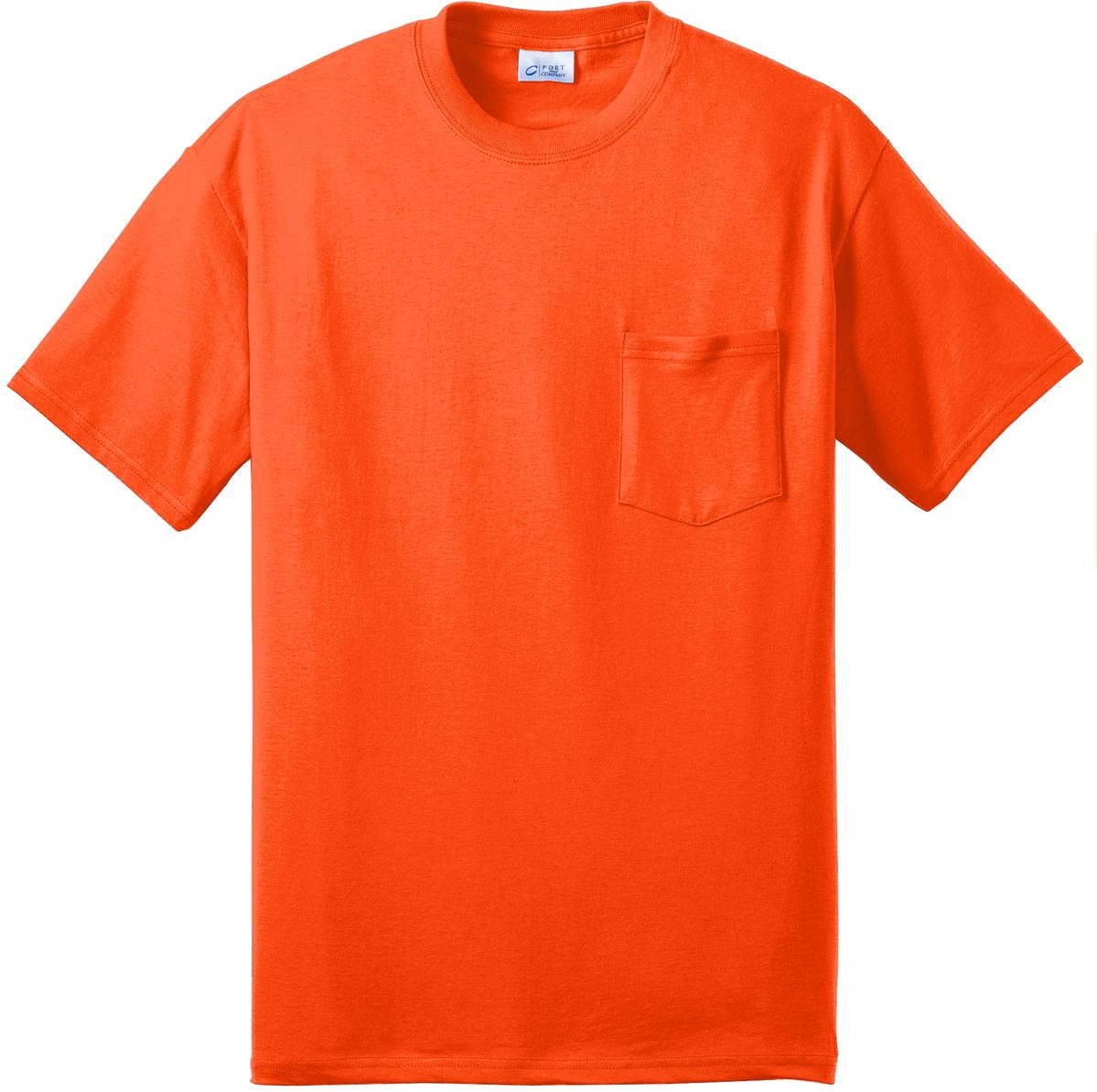 Front View of Safety Orange Port & Co Tall Core Blend Pocket Tee. PC55PT
