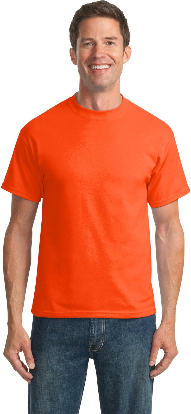 Front View of Safety Orange Port & Co Tall Core Blend Tee. PC55T