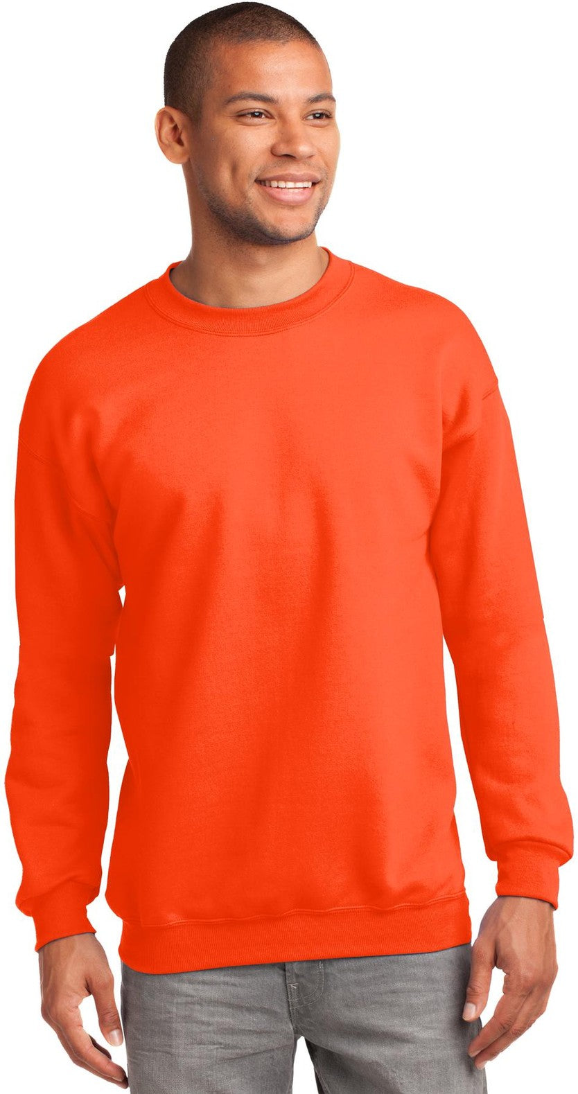 Front View of Safety Orange Port & Co Tall Essential Fleece Crewneck Sweatshirt. PC90T