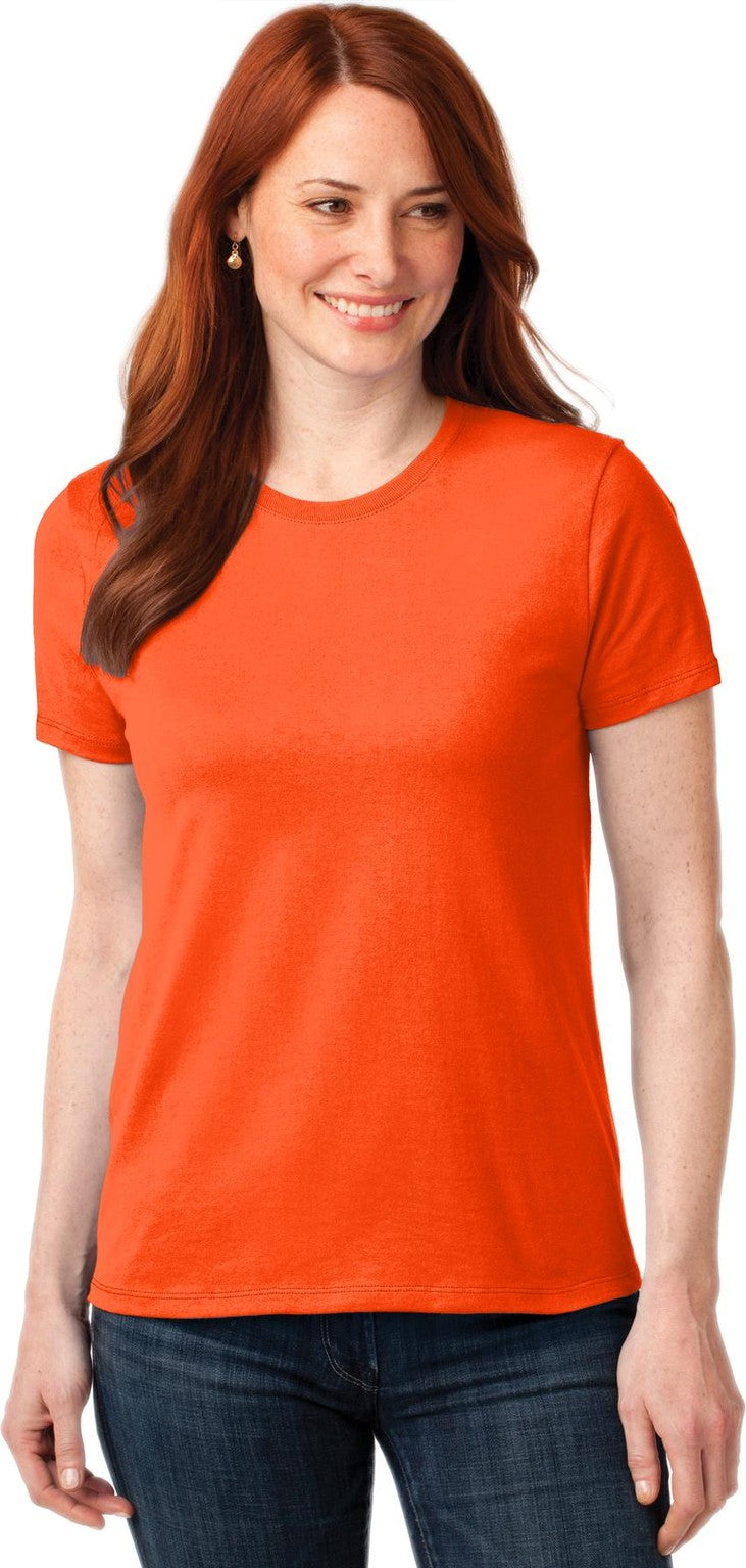 Front View of Safety Orange Port & Co Women's Core Blend Tee. LPC55