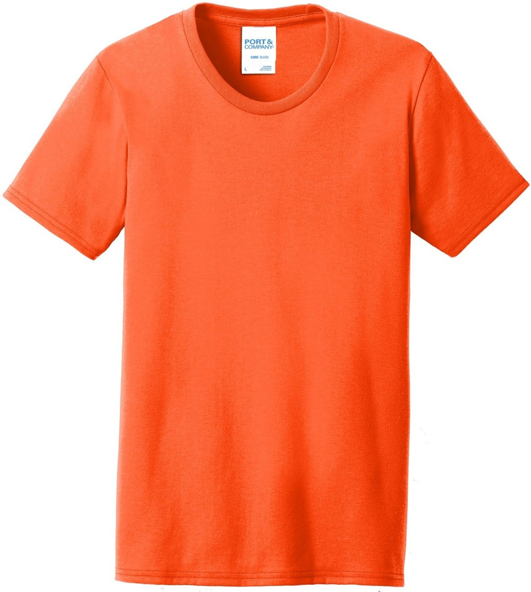 Front View of Safety Orange Port & Co Women's Core Blend Tee. LPC55