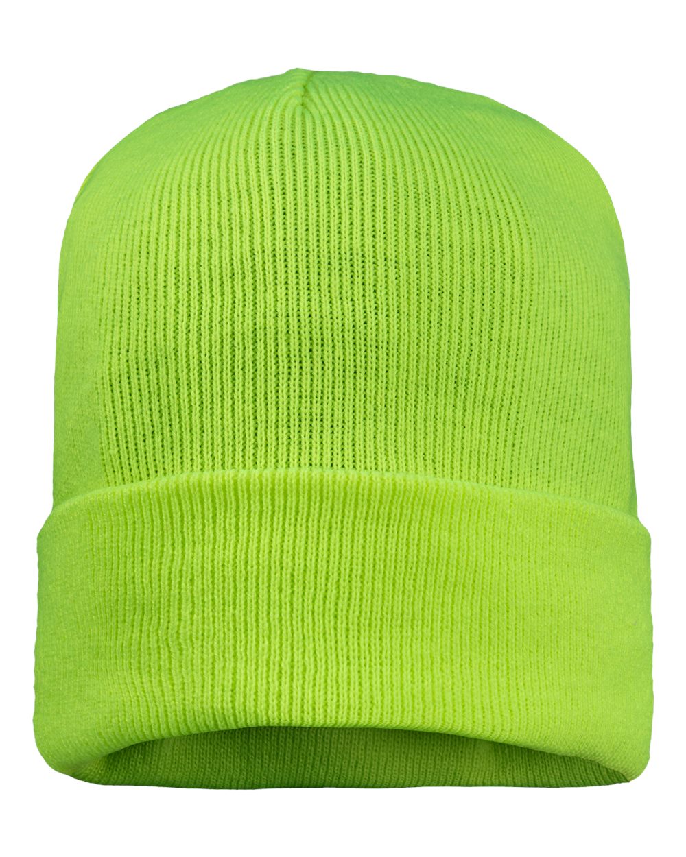 Front View of Safety Yellow 12" Fleece Lined Cuffed Beanie - SP12FL