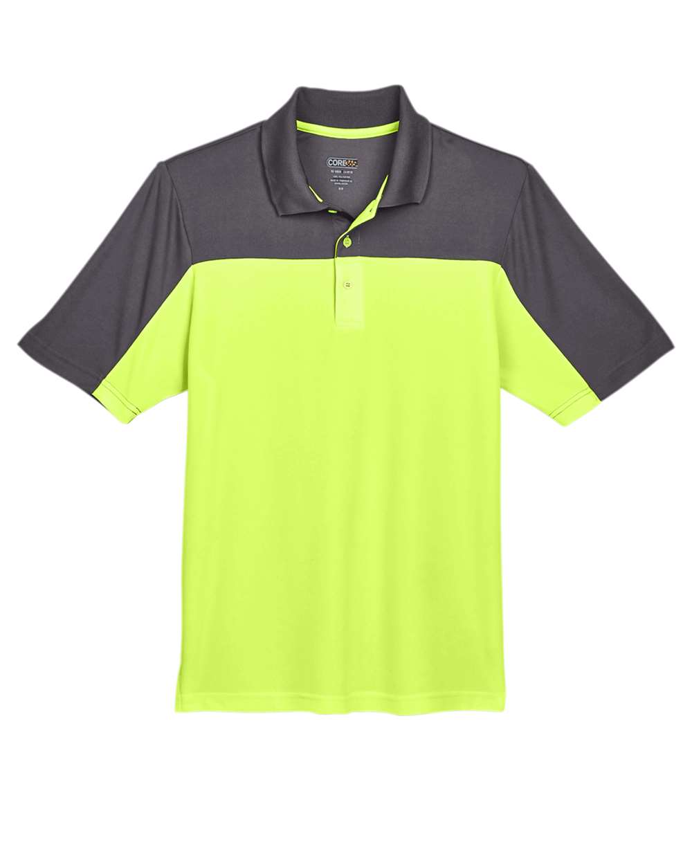 Front View of Safety Yellow/ Carbon Men's Balance Colorblock Performance Piqué Polo - CE101