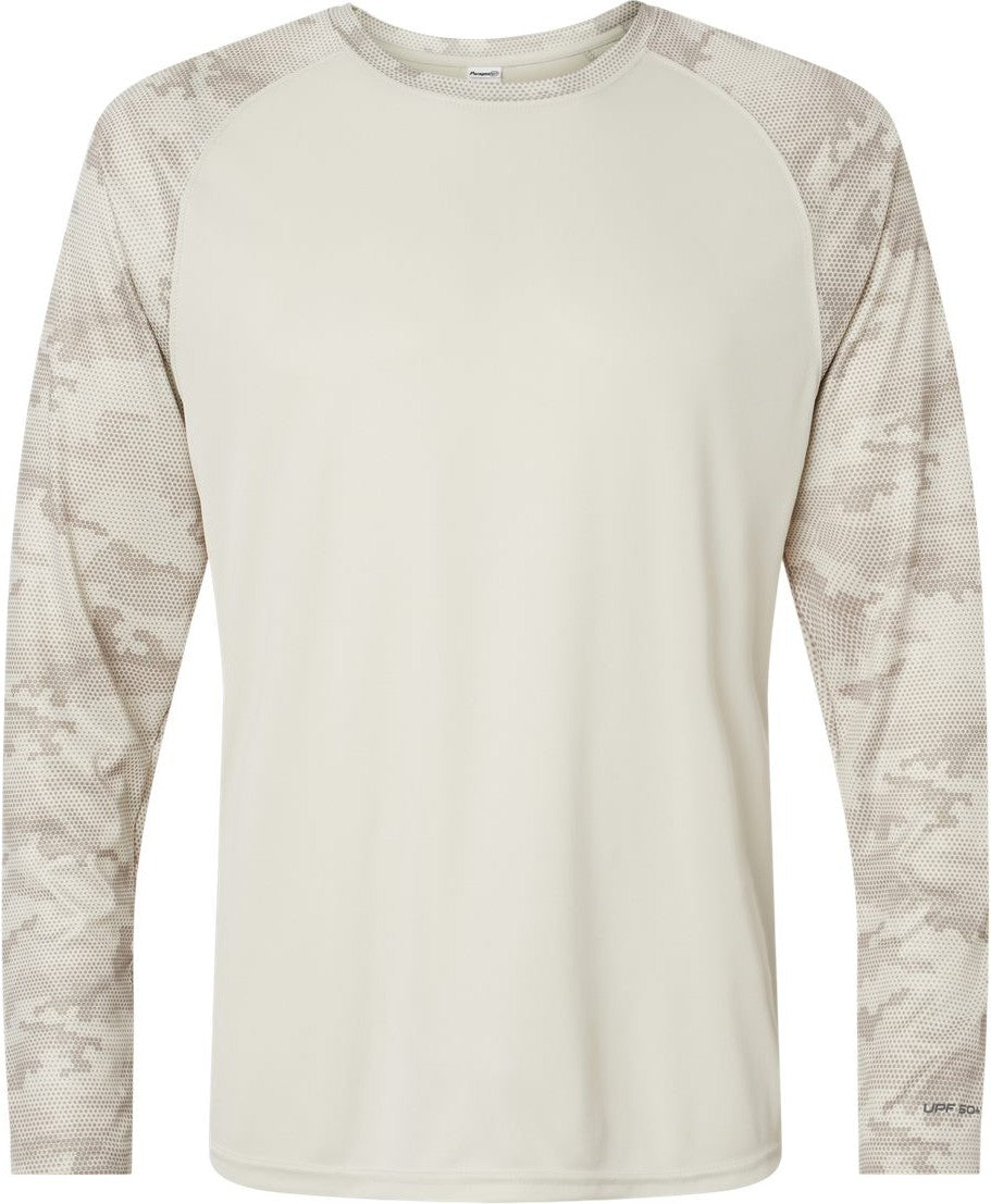 Front View of Sand Cayman Performance Camo Colorblocked Long Sleeve T-Shirt - 216