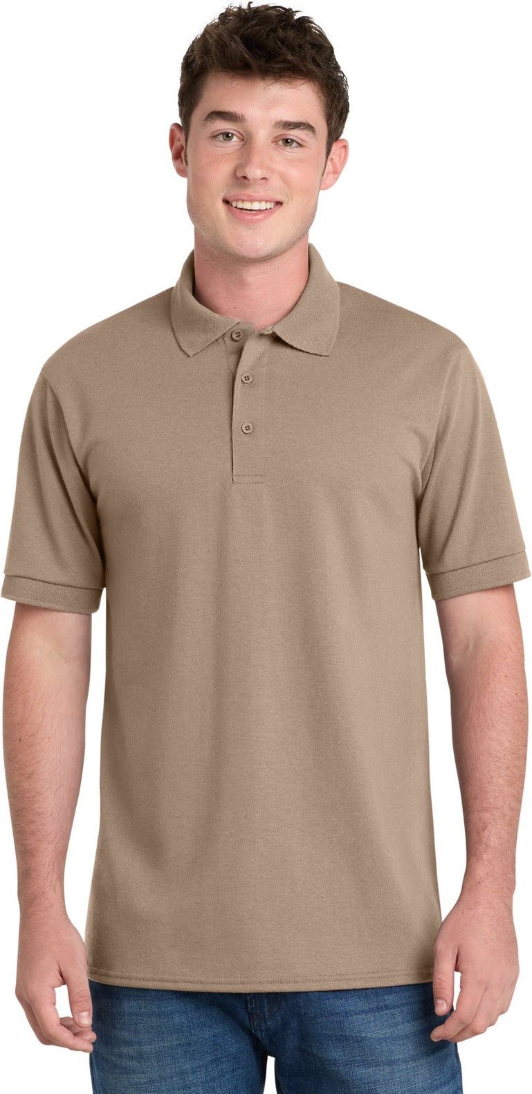 Front View of Sand Port & Co Core Blend Jersey Knit Polo. KP55