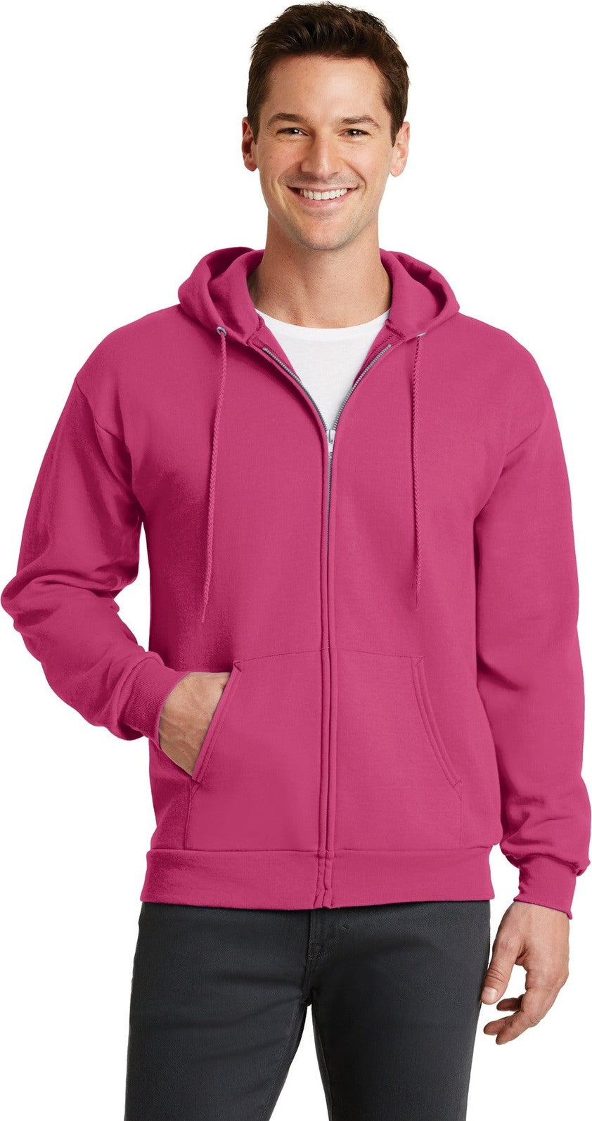 Front View of Sangria Port & Co Core Fleece Full-Zip Hooded Sweatshirt. PC78ZH