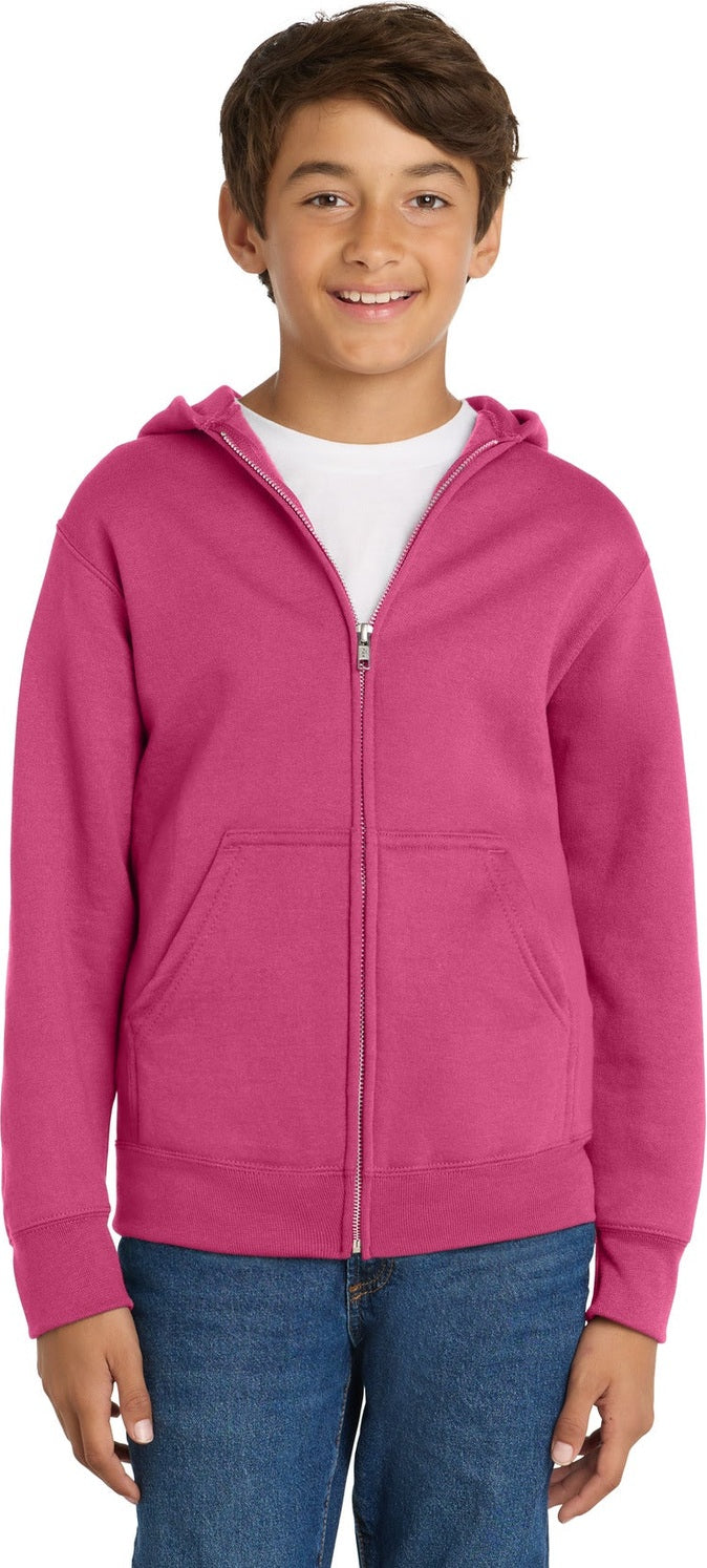 Front View of Sangria Port & Co Youth Core Fleece Full-Zip Hooded Sweatshirt. PC90YZH