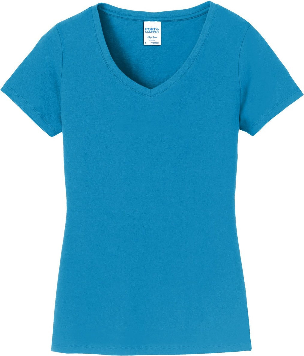 Front View of Sapphire Port & Co Women's Fan Favorite V-Neck Tee. LPC450V