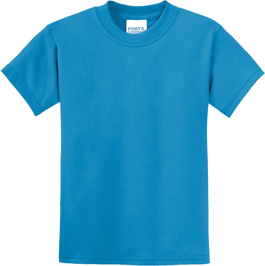 Front View of Sapphire Port & Co Youth Core Blend Tee. PC55Y