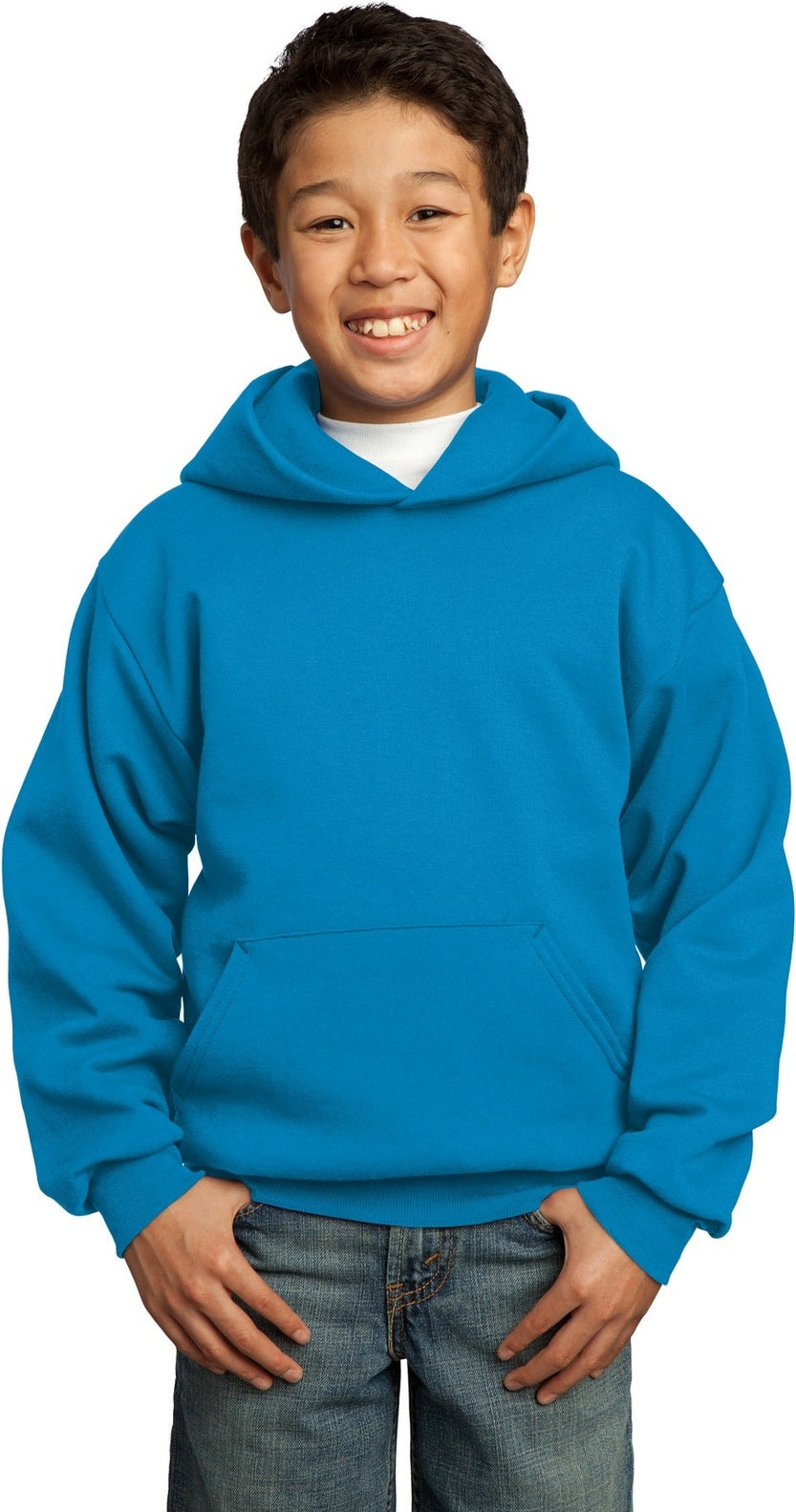 Front View of Sapphire Port & Co Youth Core Fleece Pullover Hooded Sweatshirt. PC90YH