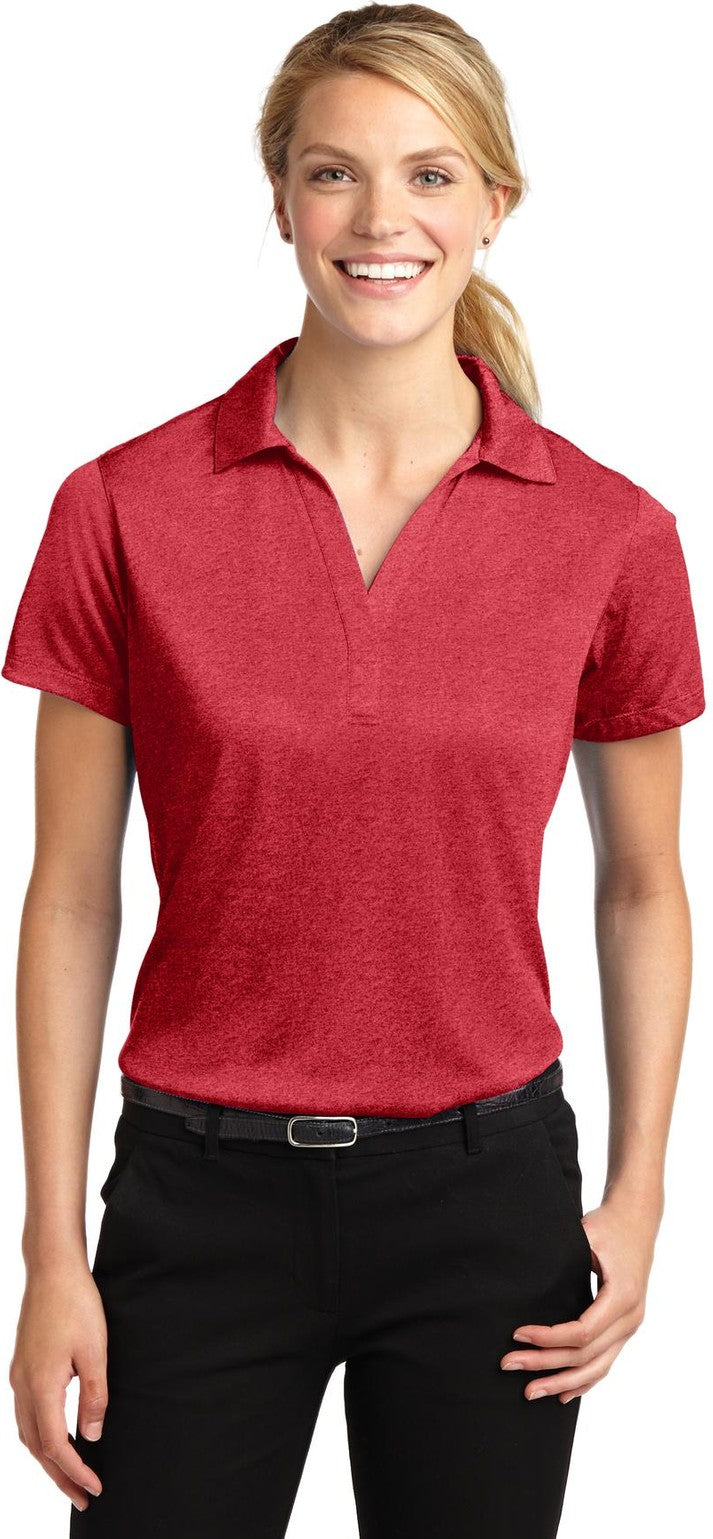 Front View of Scarlet Hthr Sport-Tek Women's Heather Contender Polo. LST660