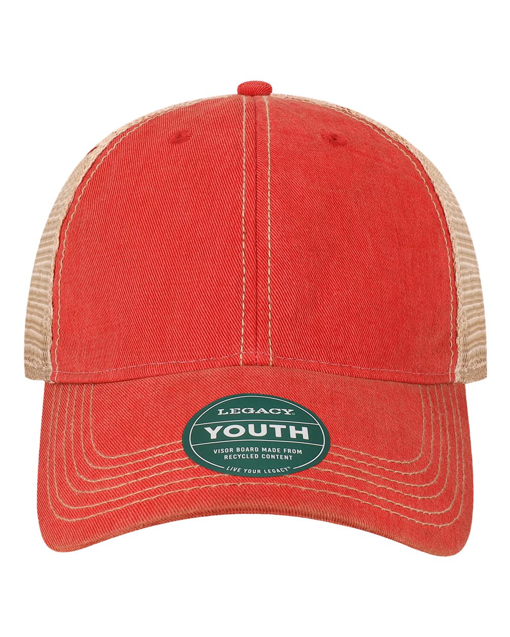 Front View of Scarlet Red/ Khaki Youth Old Favorite Trucker Cap - OFAY