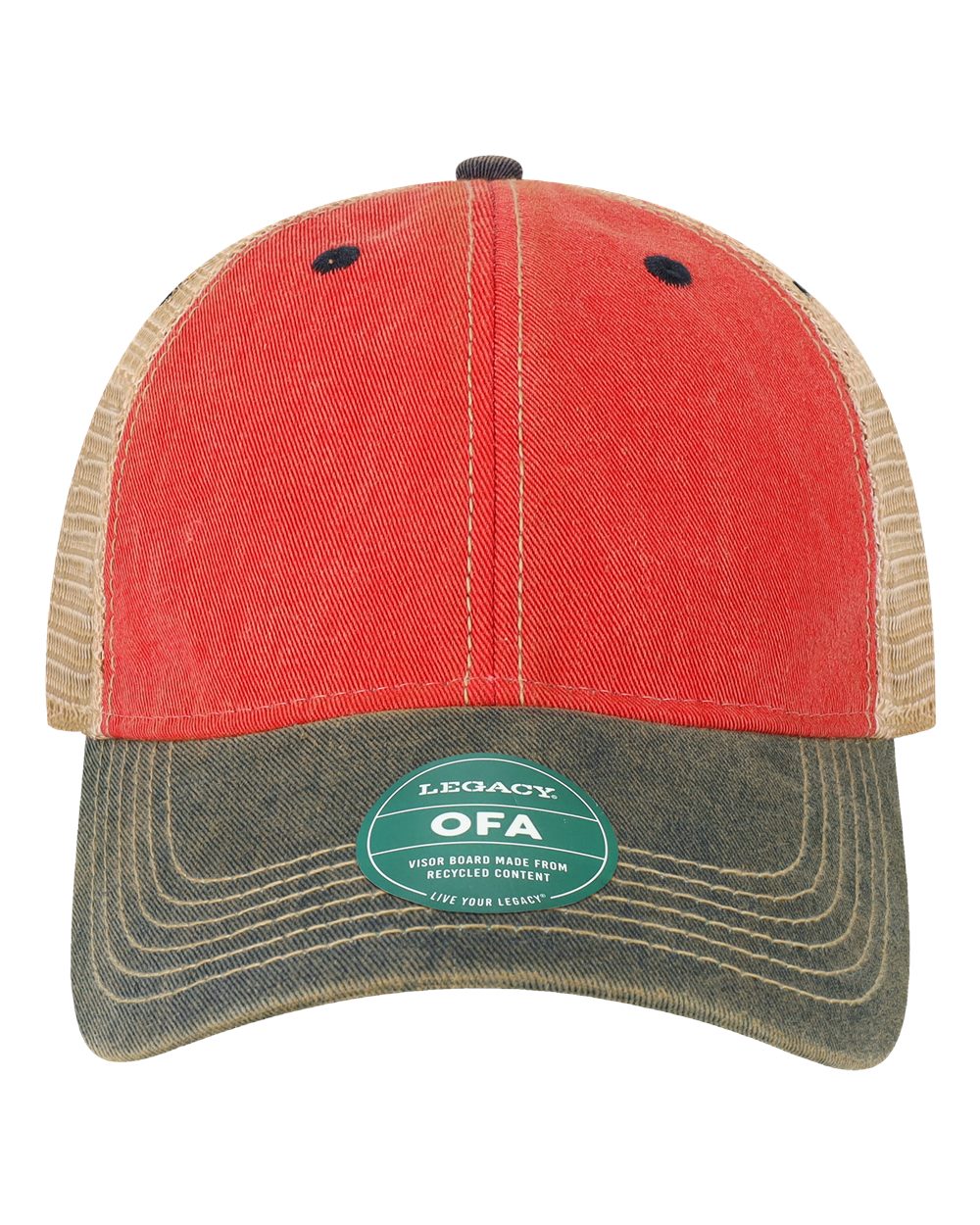 Front View of Scarlet Red/ Navy/ Khaki Old Favorite Trucker Cap - OFA