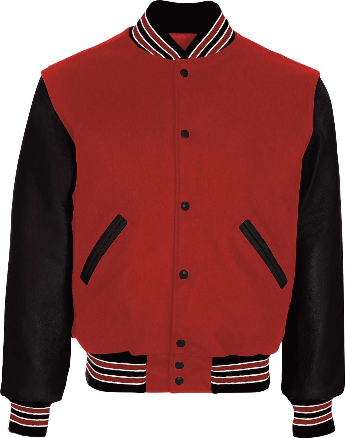 Front View of SCARLET/BLACK/SCARLET VARSITY WOOL JACKET