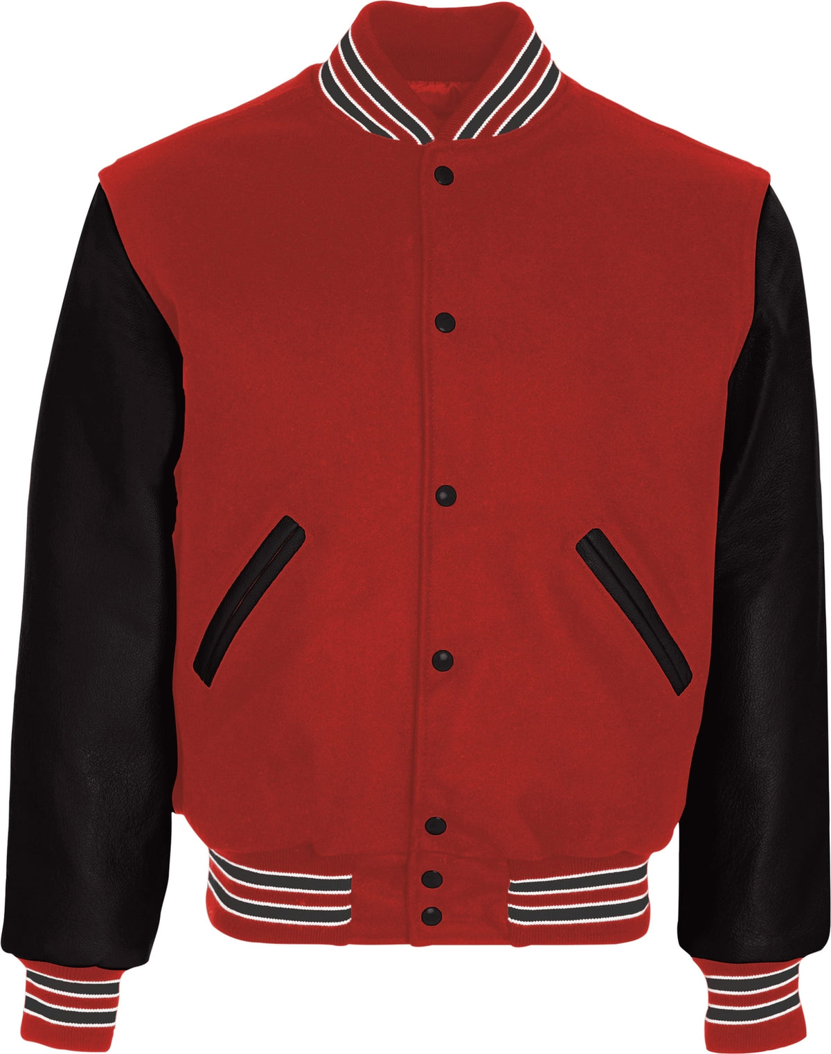 Front View of SCARLET/BLACK/WHITE VARSITY WOOL JACKET