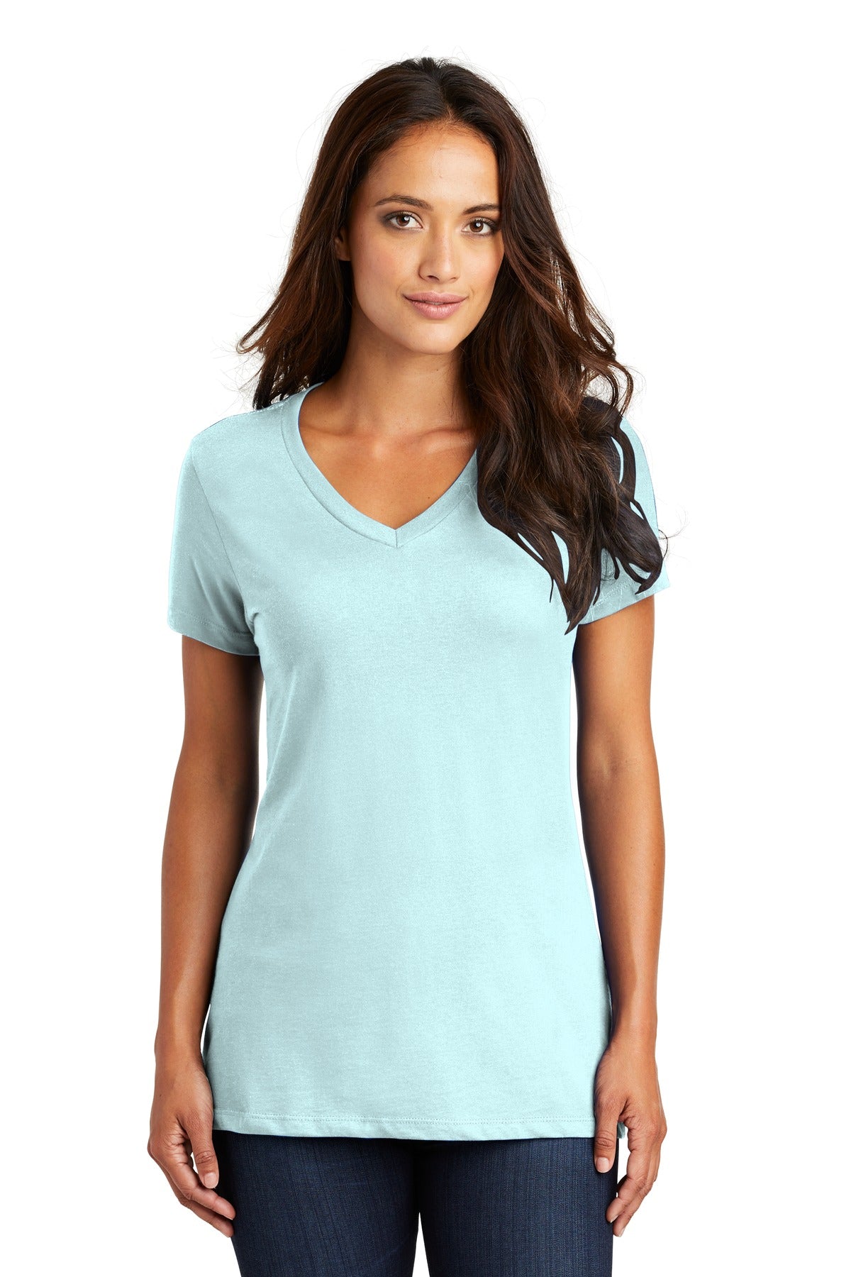 Front View of Seaglass Blue District - Women's Perfect Weight V-Neck Tee. DM1170L