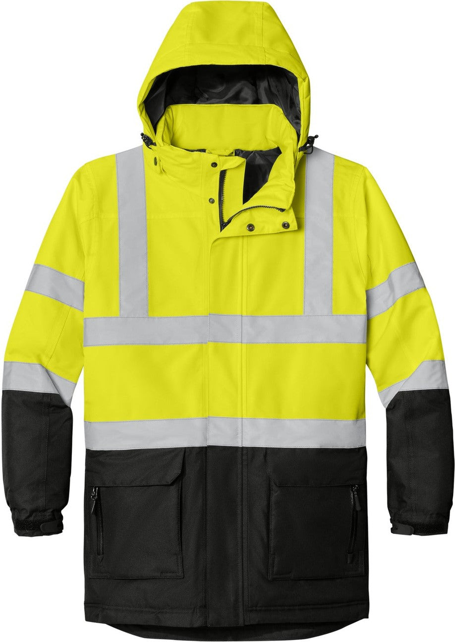 Front View of Sfty Ylw/Black Port Authority ANSI 107 Class 3 Safety Heavyweight Parka. J799S