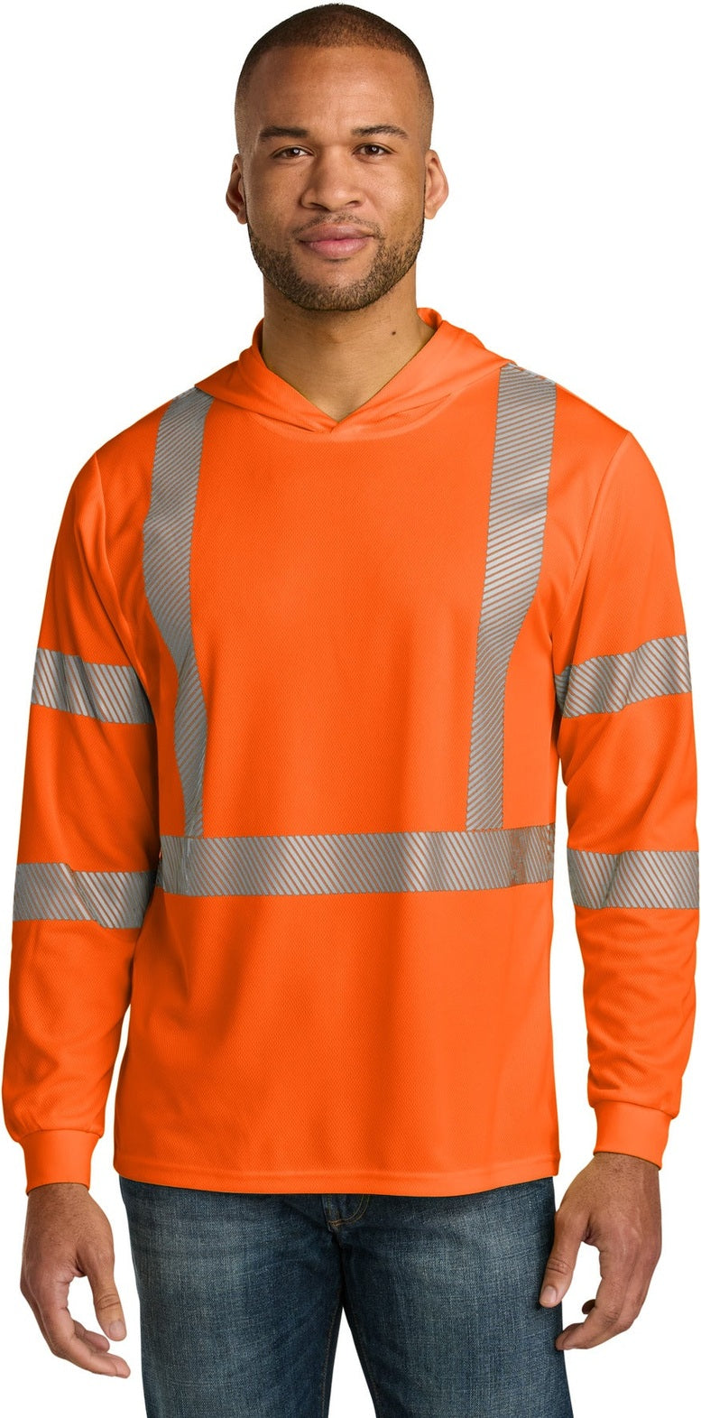 Front View of SftyOrg CornerStone ANSI 107 Class 3 Long Sleeve Segmented Tape Hooded Tee CS208