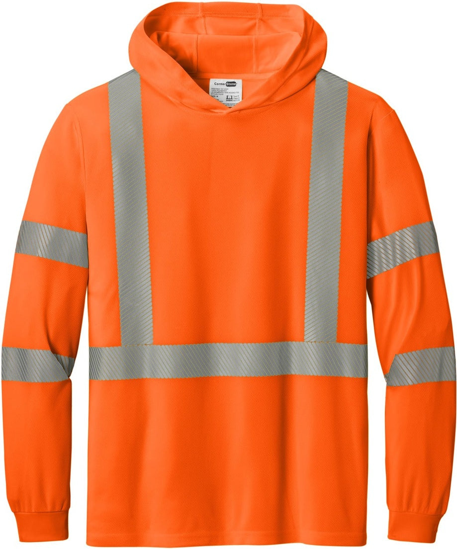 Front View of SftyOrg CornerStone ANSI 107 Class 3 Long Sleeve Segmented Tape Hooded Tee CS208