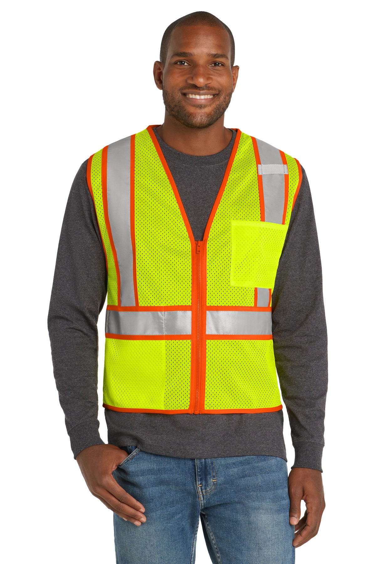 Front View of SftyYellow CornerStone ANSI 107 Class 2 Mesh Zippered Two-Tone Vest. CSV103