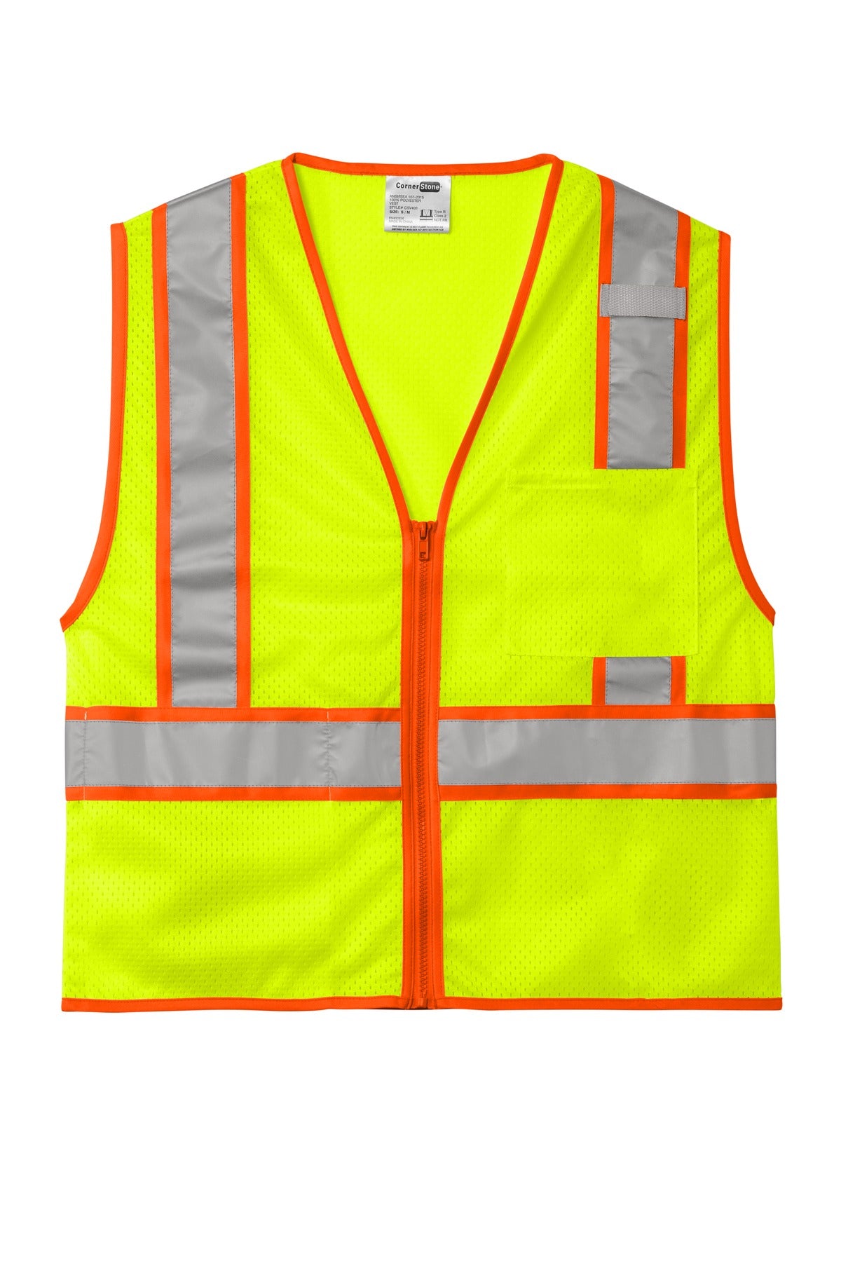 Front View of SftyYellow CornerStone ANSI 107 Class 2 Mesh Zippered Two-Tone Vest. CSV103