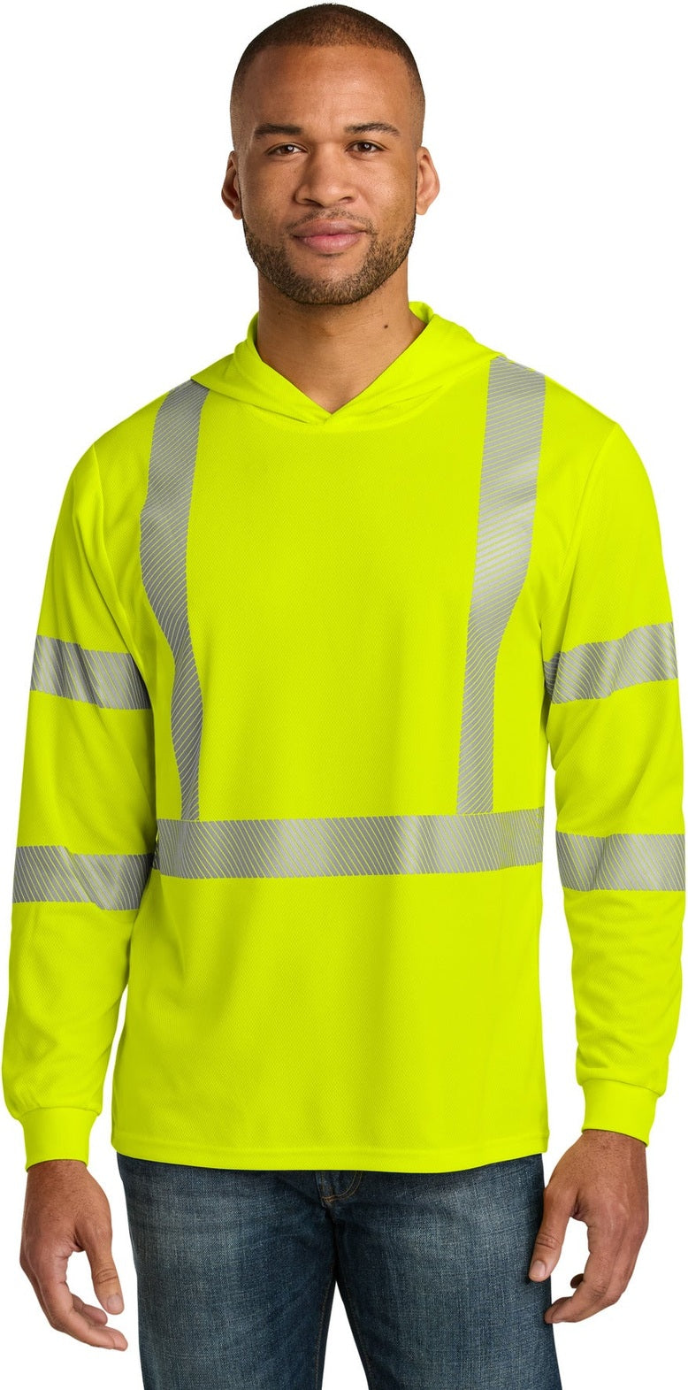 Front View of SftyYellow CornerStone ANSI 107 Class 3 Long Sleeve Segmented Tape Hooded Tee CS208