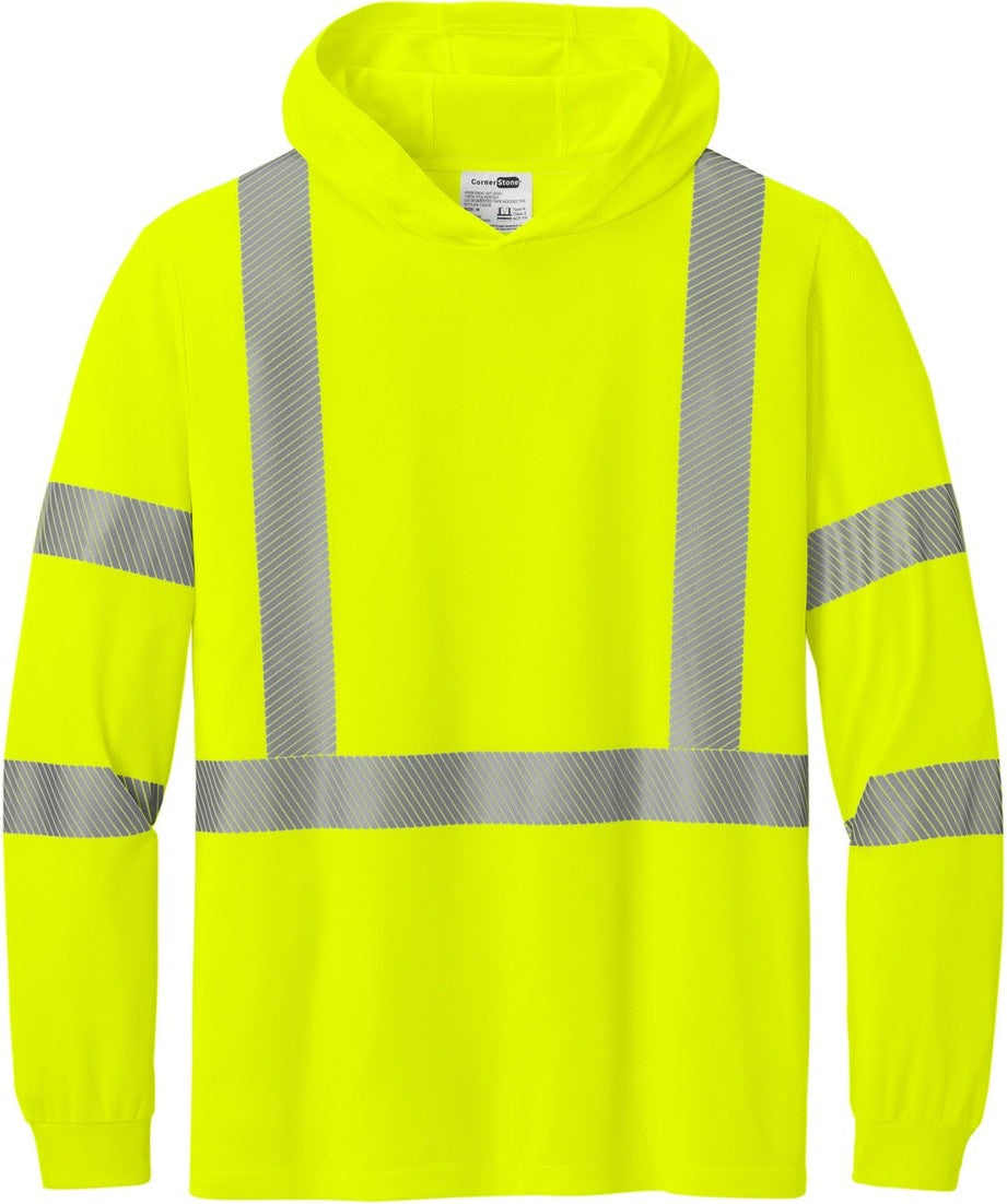 Front View of SftyYellow CornerStone ANSI 107 Class 3 Long Sleeve Segmented Tape Hooded Tee CS208