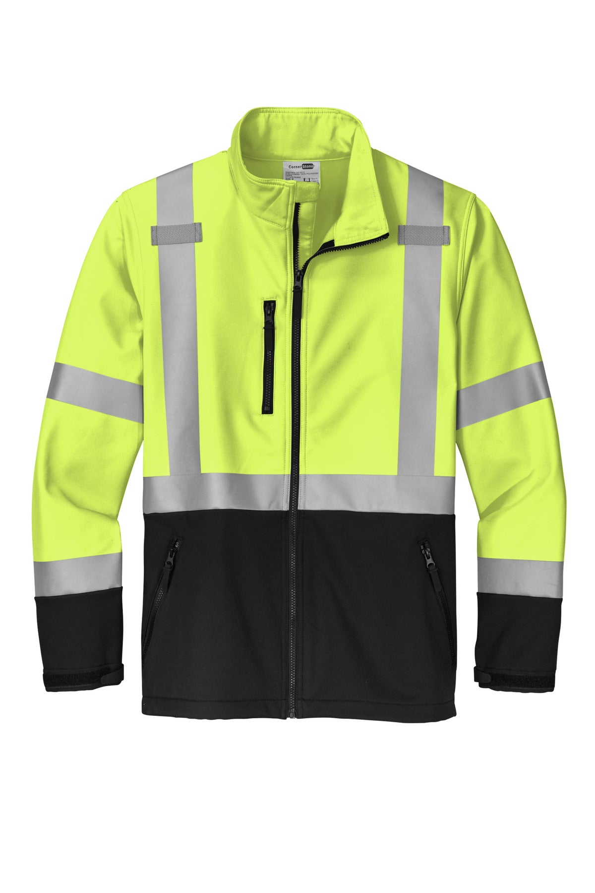 Front View of SftyYellow CornerStone ANSI 107 Class 3 Soft Shell Jacket CSJ503