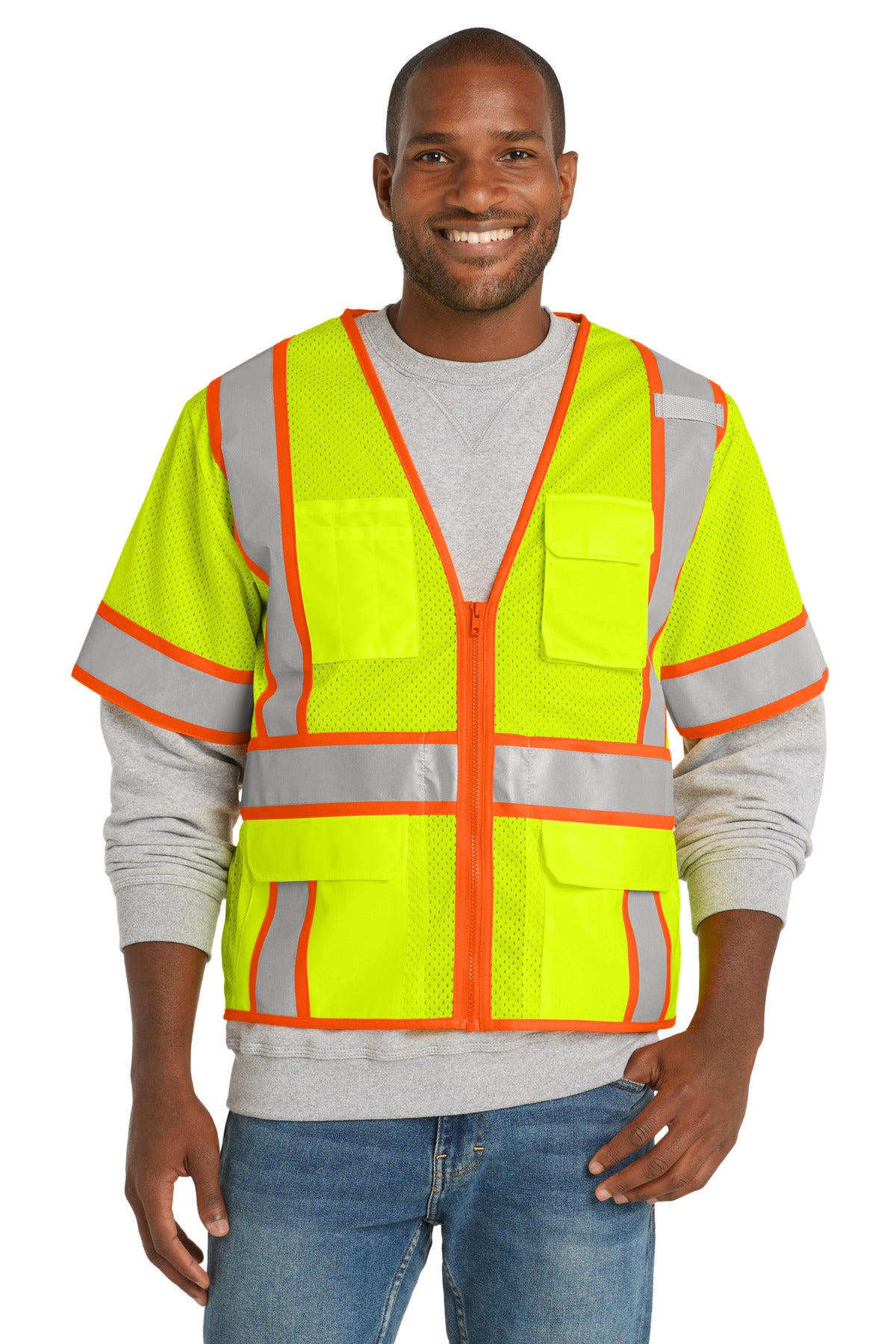 Front View of SftyYellow CornerStone ANSI 107 Class 3 Surveyor Mesh Zippered Two-Tone Short Sleeve Vest. CSV106