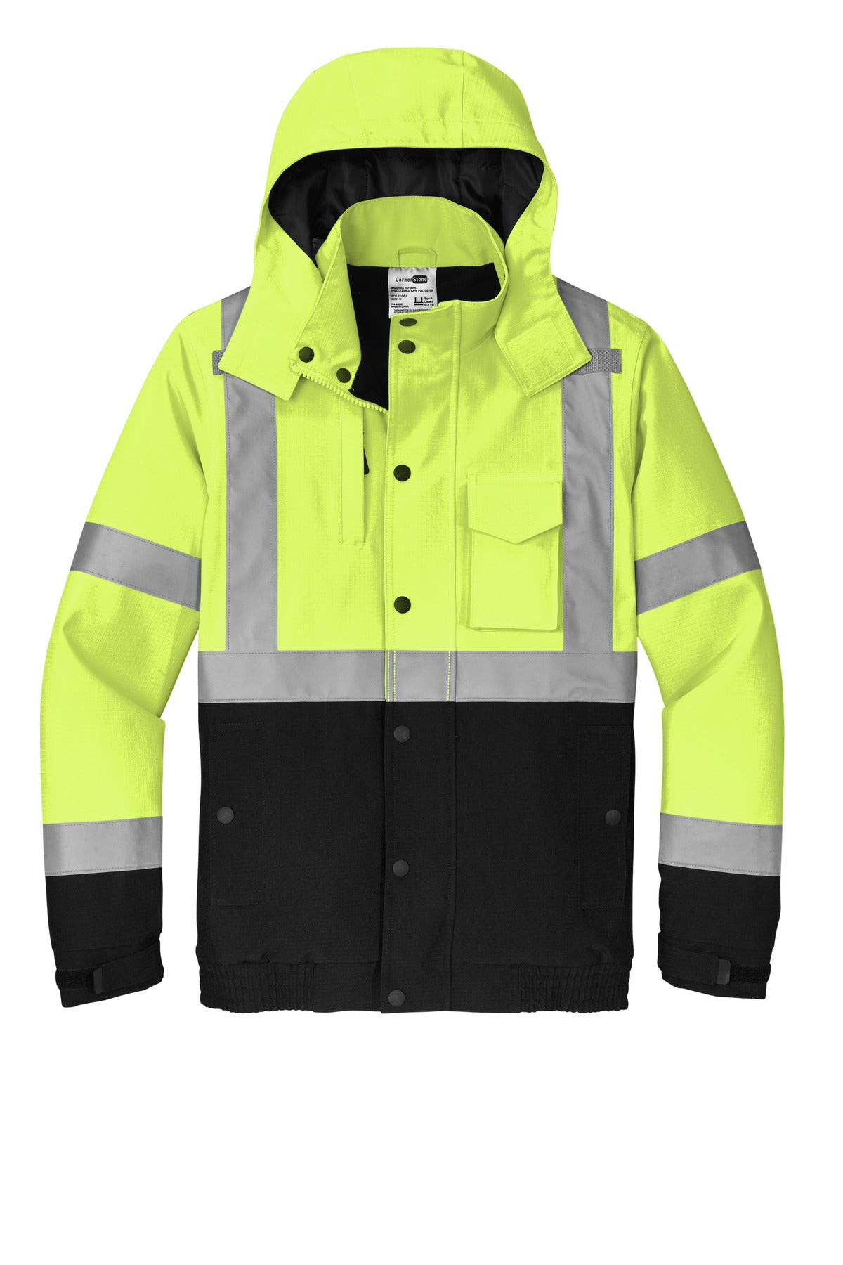 Front View of SftyYellow CornerStone ANSI 107 Class 3 Waterproof Insulated Ripstop Bomber Jacket CSJ501