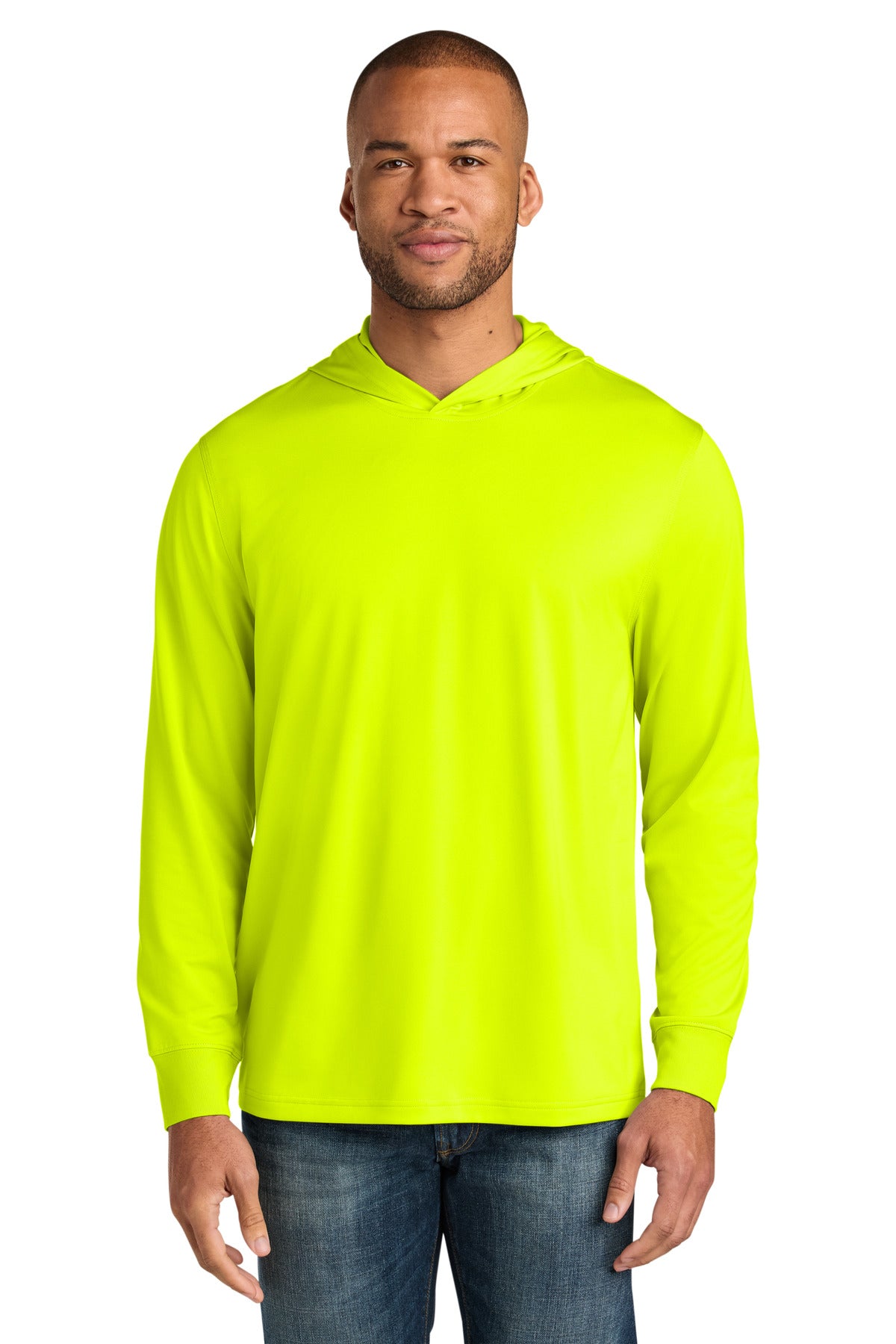 Front View of SftyYellow CornerStone Workwear Pro Long Sleeve Hooded Tee CS440LSH