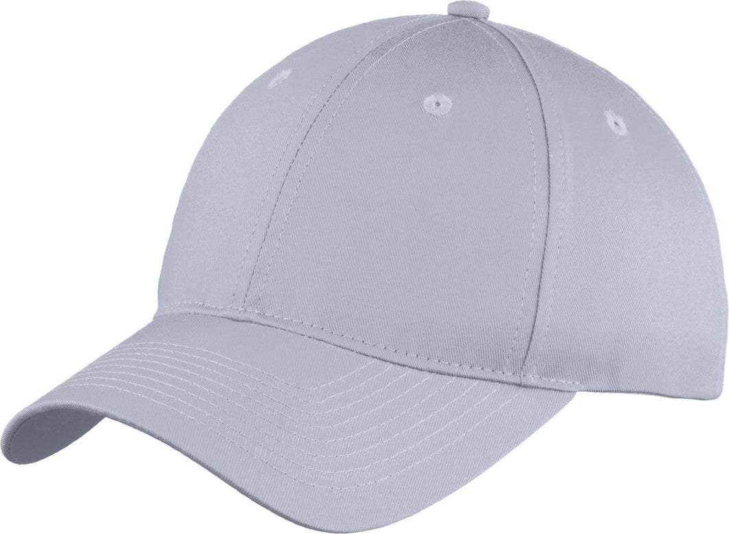 Front View of Silver Port Authority Youth Six-Panel Unstructured Twill Cap. YC914