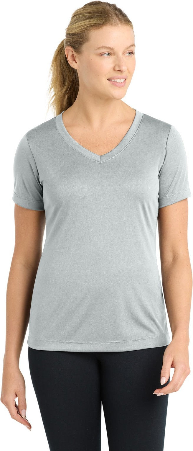 Front View of Silver Sport-Tek Women's PosiCharge Competitor V-Neck Tee. LST353