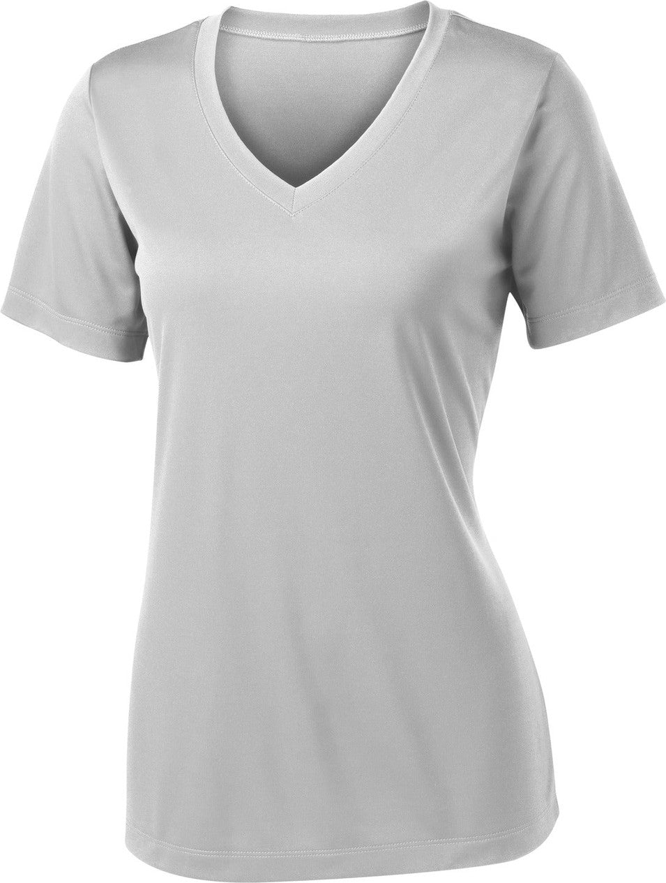 Front View of Silver Sport-Tek Women's PosiCharge Competitor V-Neck Tee. LST353